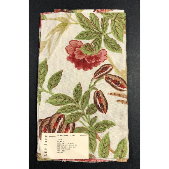 Lee Jofa Fabric CEYLON Off White Linen Birds Red Floral New Remnant 23" x 27" - Picture 2 of 6